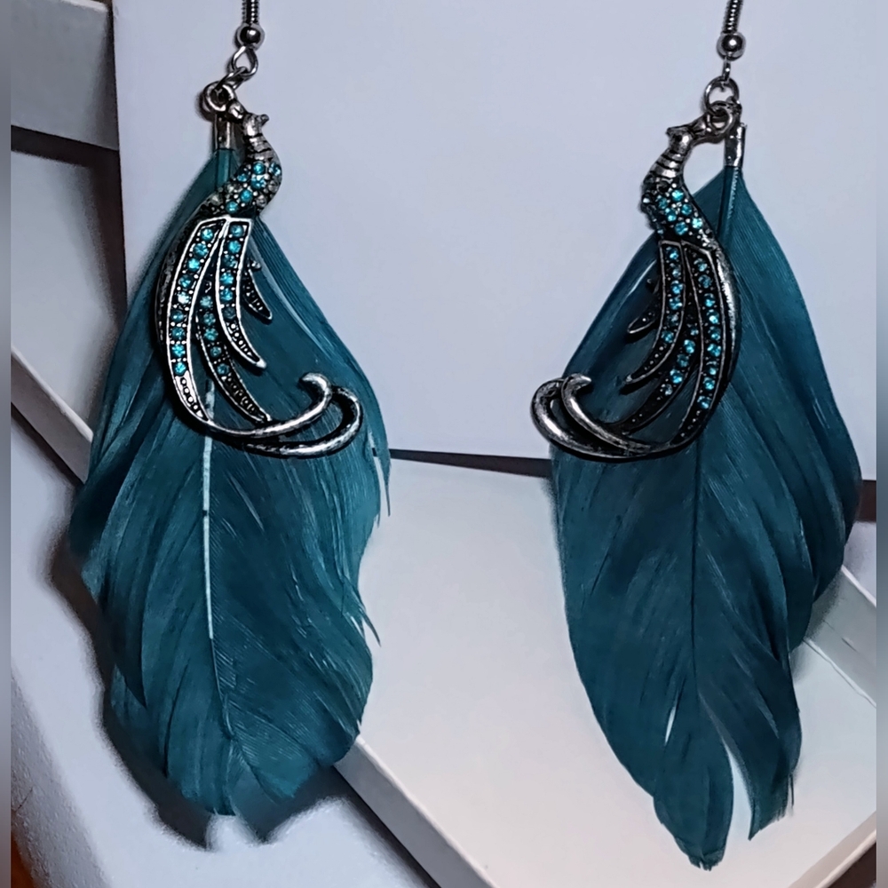 Teal Blue Feather Earrings with Jeweled Peacocks - Picture 7 of 13